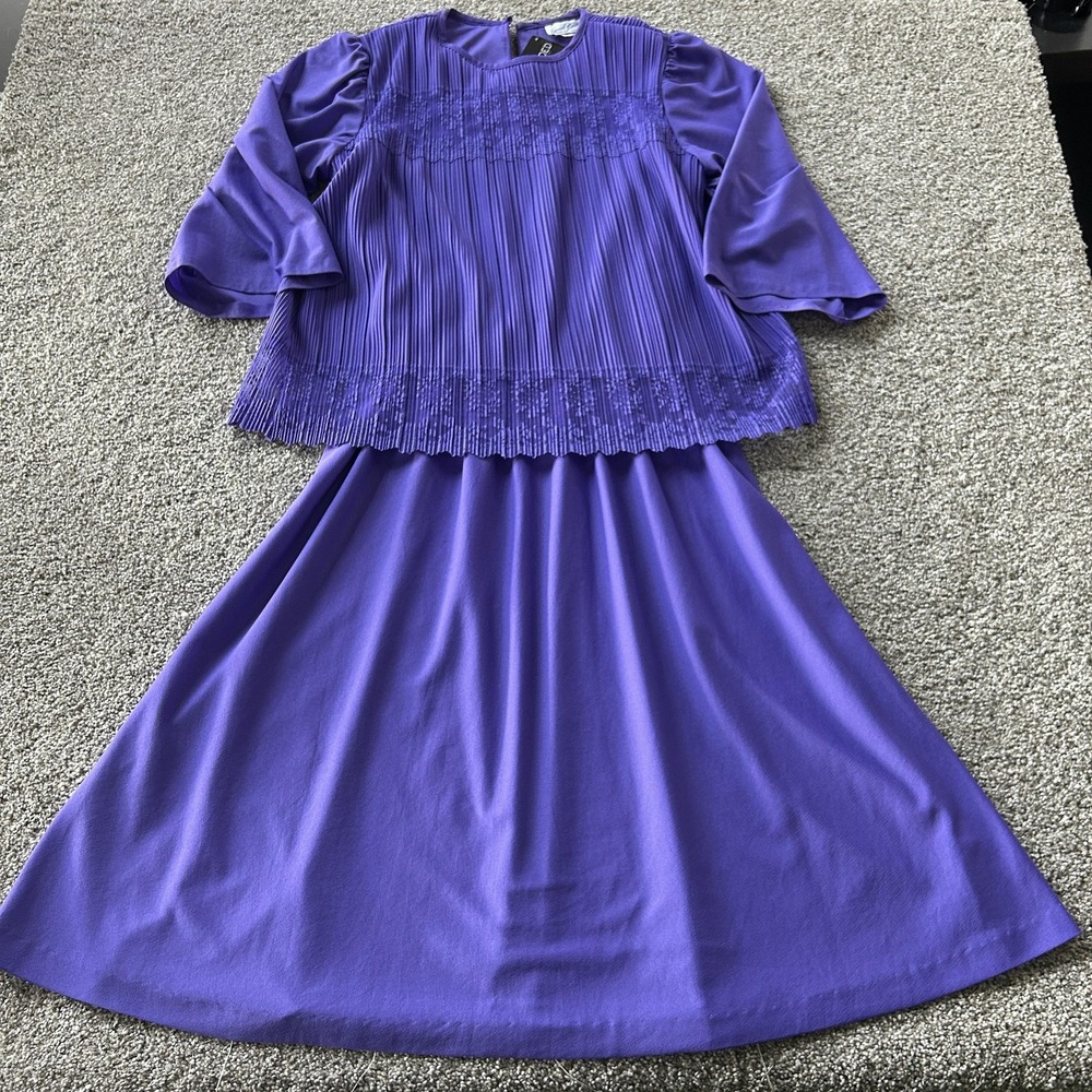 Vintage 80s Good Times Shirt Skirt Set Womens 13/14 Purple Pleated Knit Formal